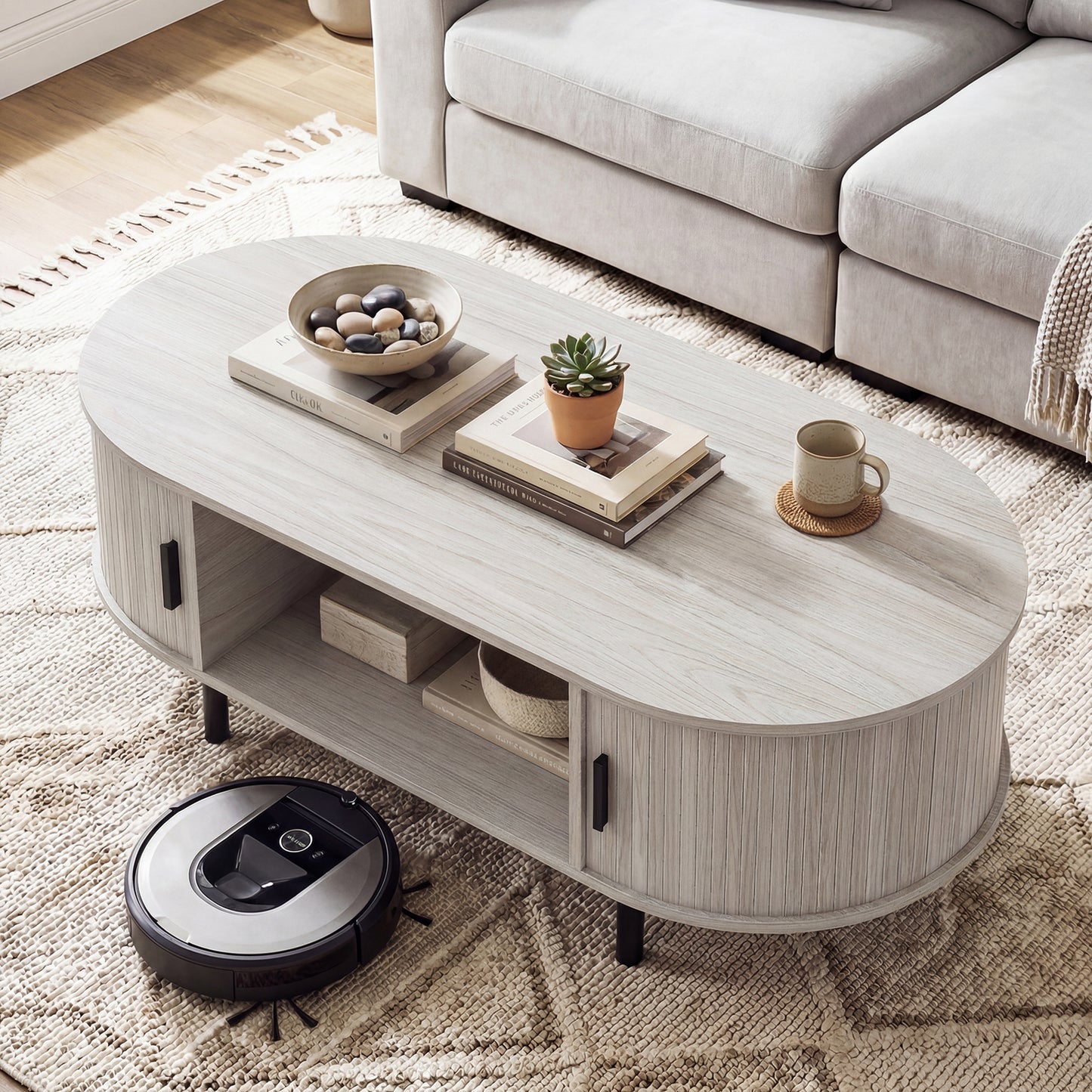 Oval Coffee Table, 47.5inch, Wooden Center Table With Storage, Oak Coffee Tables at Gallery Canada