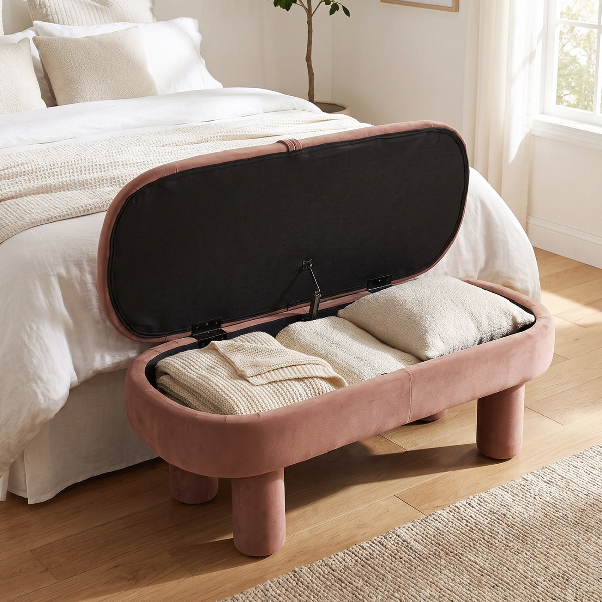Oval Storage Ottoman Bench, Upholstered Seat, Brown Ottomans at Gallery Canada