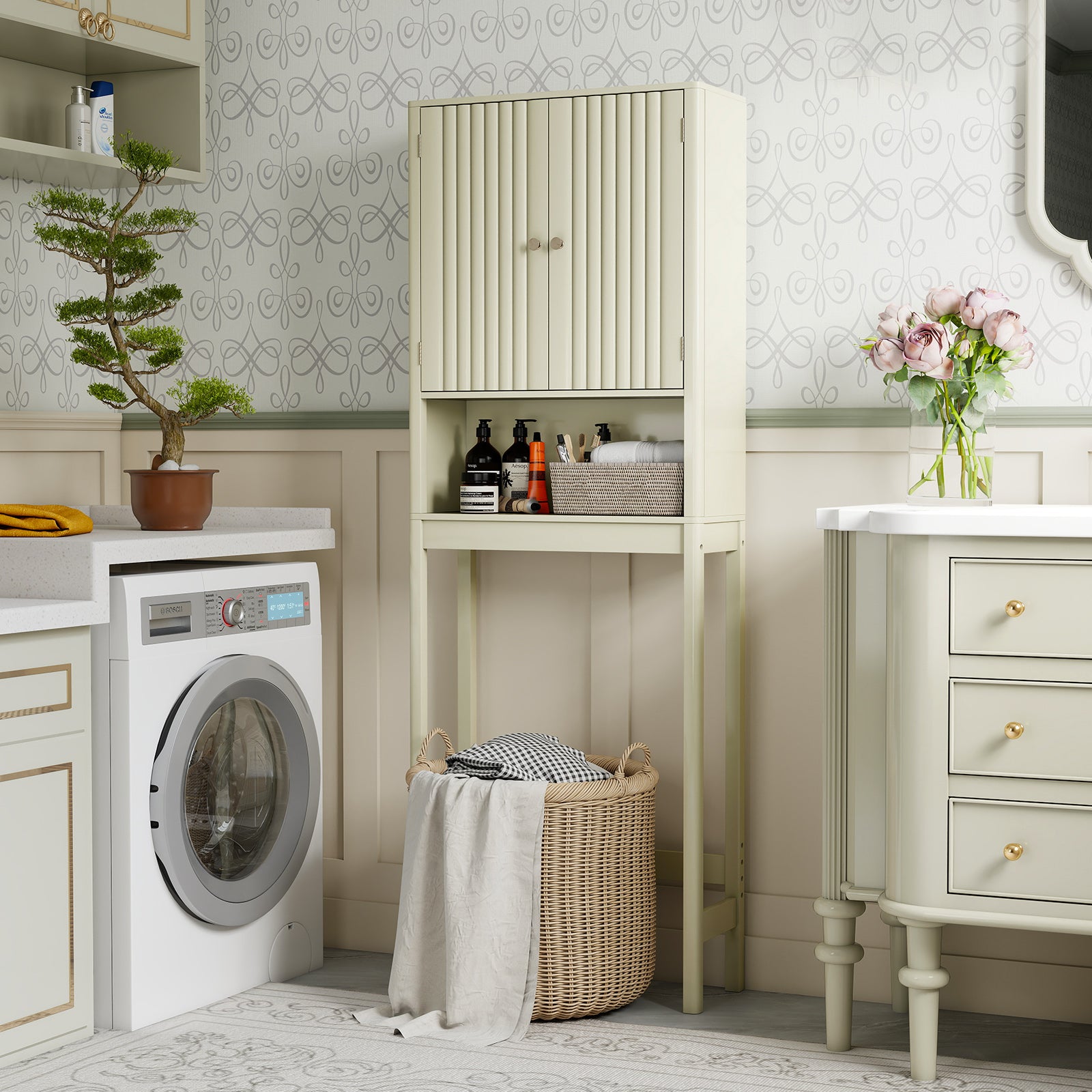 Over The Toilet Storage Cabinet with Fluted Doors, Beige Bathroom Etagere at Gallery Canada