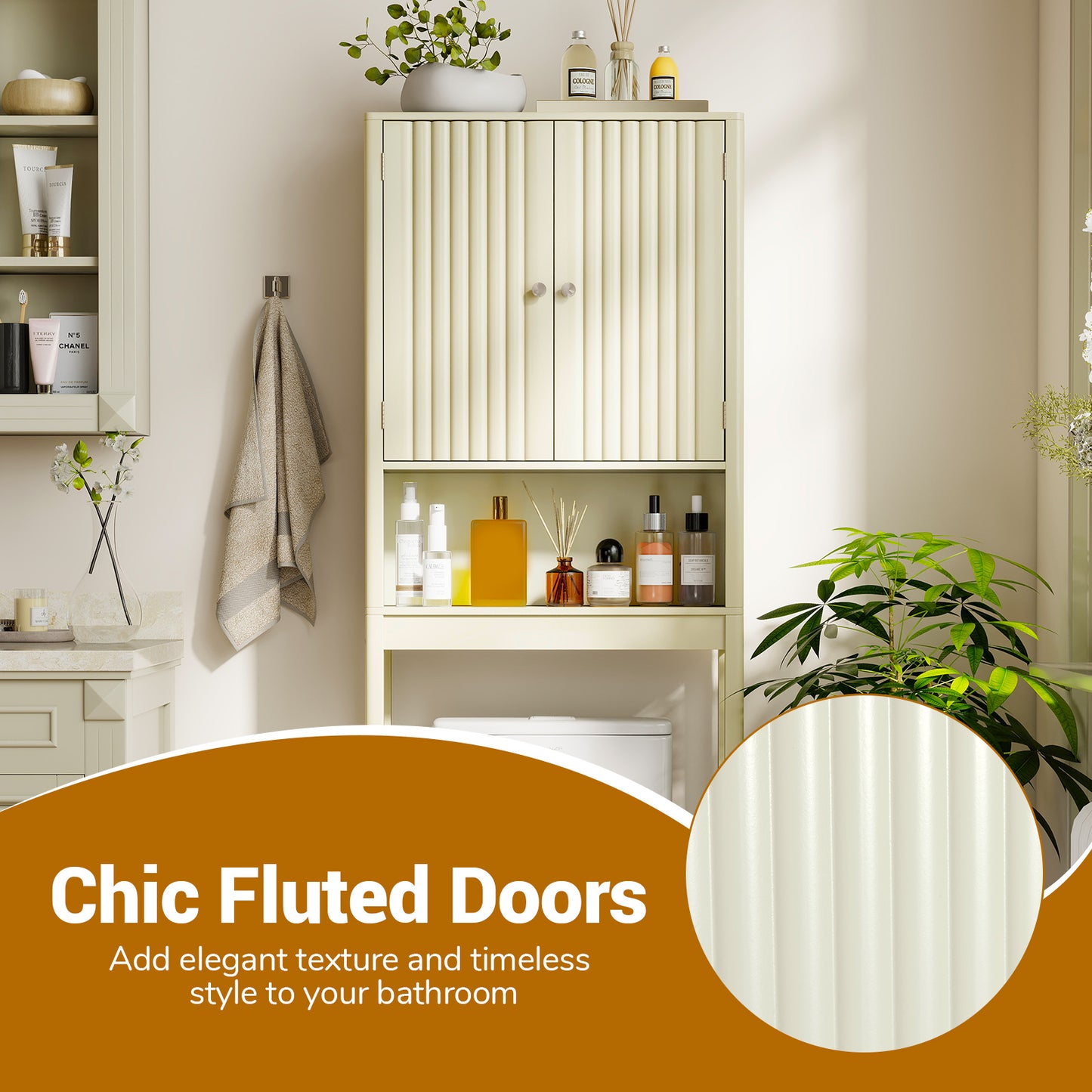 Over The Toilet Storage Cabinet with Fluted Doors, Beige Bathroom Etagere at Gallery Canada