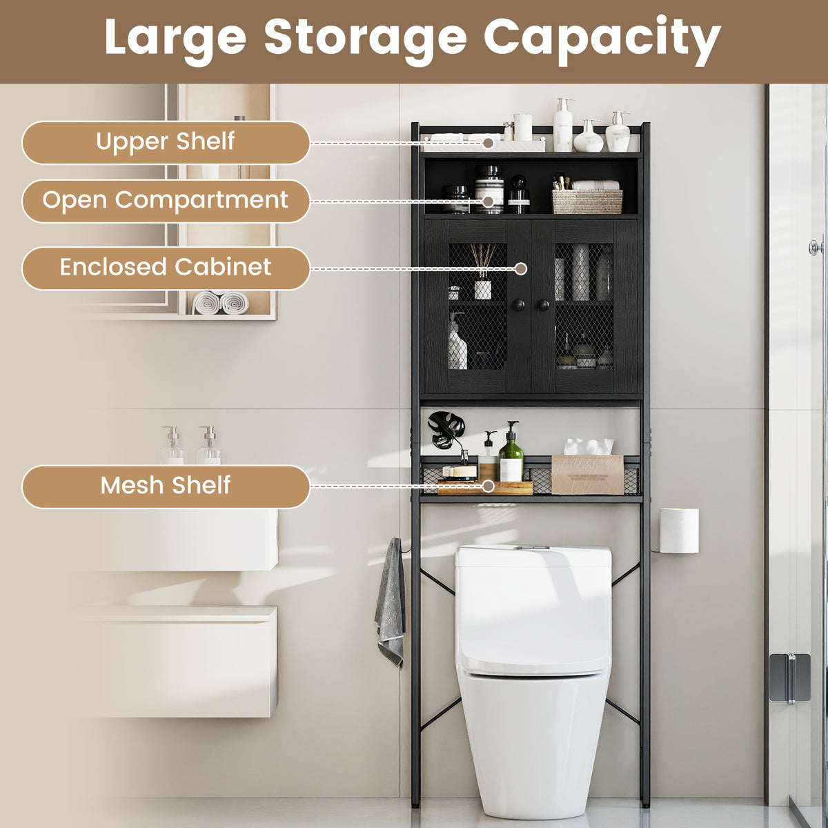 Over-The-Toilet Storage Cabinet with Heavy-Duty Metal Frame 2-door Freestanding, Black Bathroom Etagere at Gallery Canada