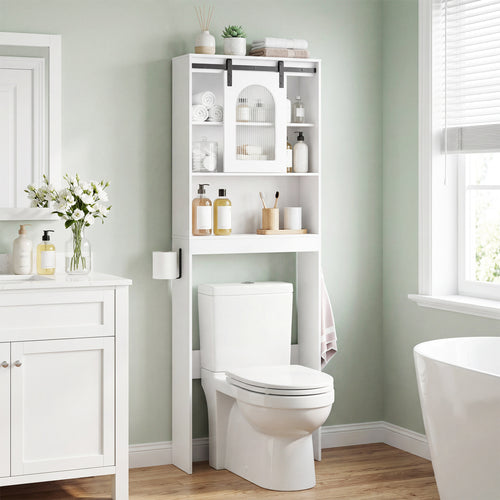 Over Toilet Storage Cabinet, Sliding Barn Door, Open Shelves, White