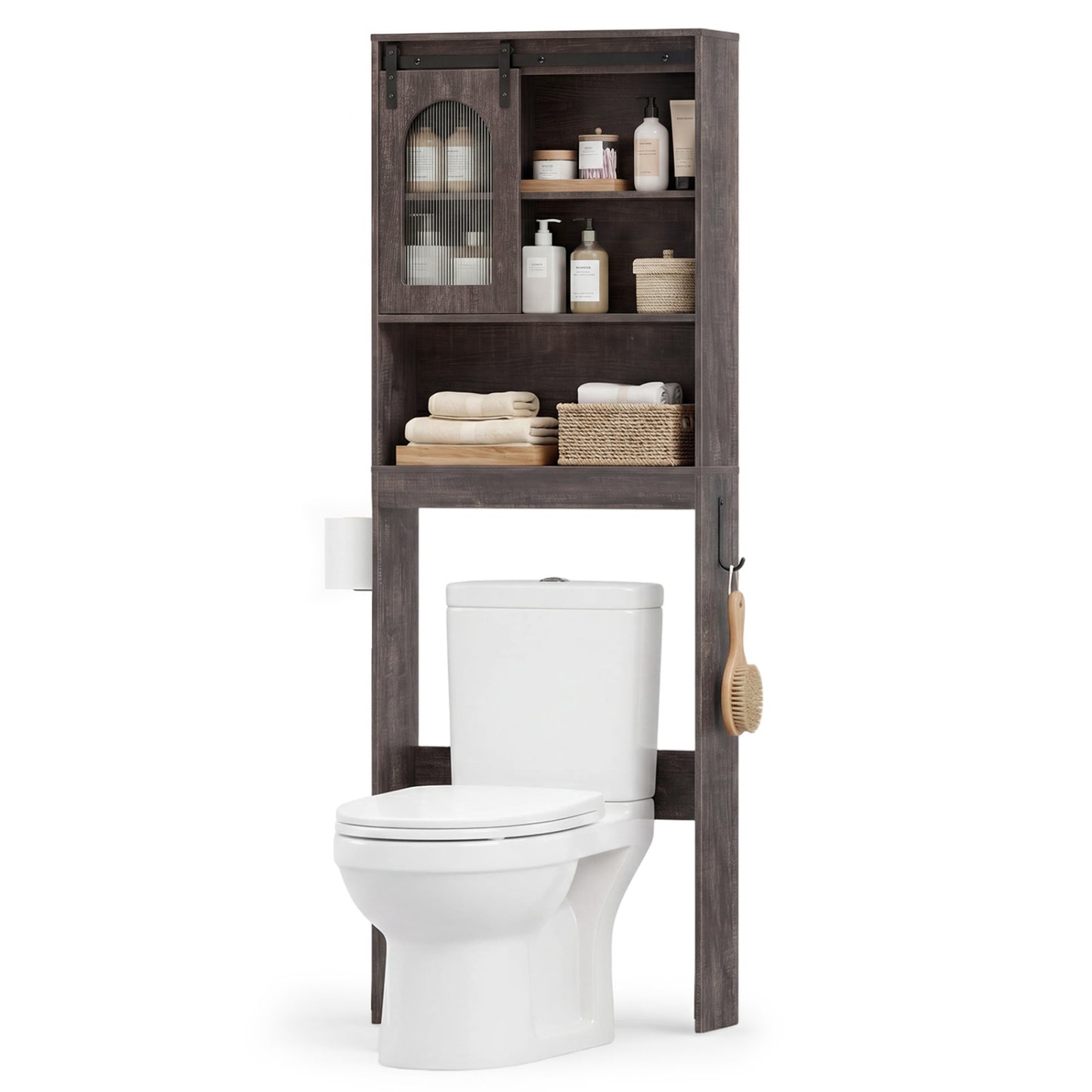 Over Toilet Storage Cabinet With Sliding Barn Door, Open Shelves, Oak Bathroom Etagere at Gallery Canada