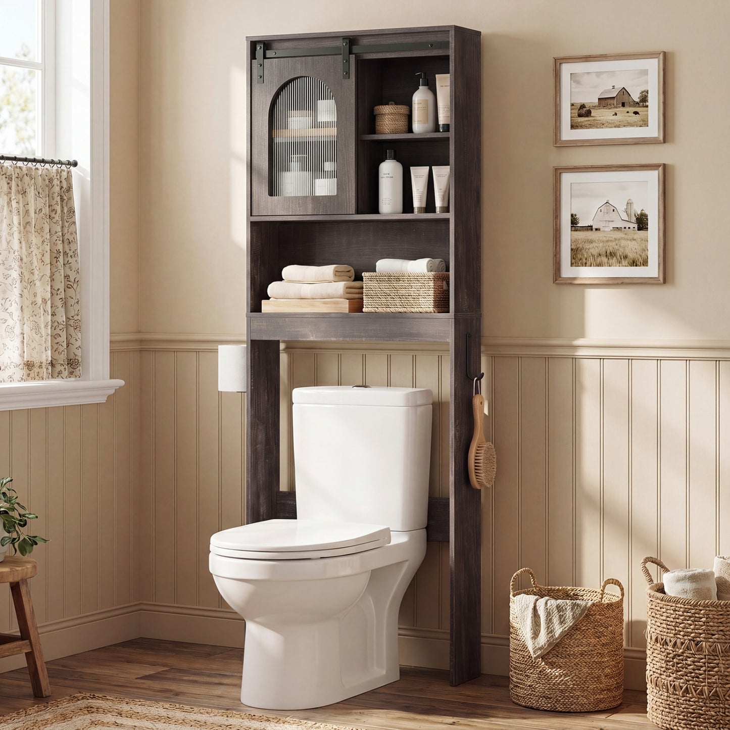 Over Toilet Storage Cabinet With Sliding Barn Door, Open Shelves, Oak Bathroom Etagere at Gallery Canada