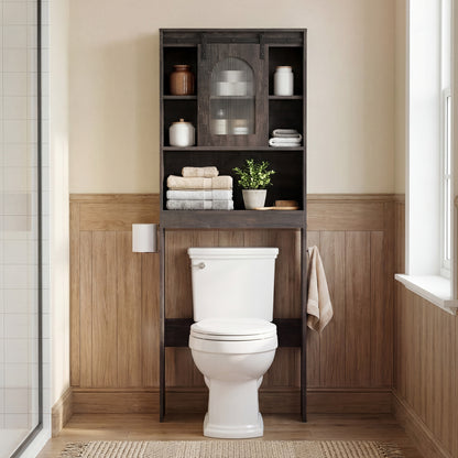Over Toilet Storage Cabinet With Sliding Barn Door, Open Shelves, Oak Bathroom Etagere at Gallery Canada