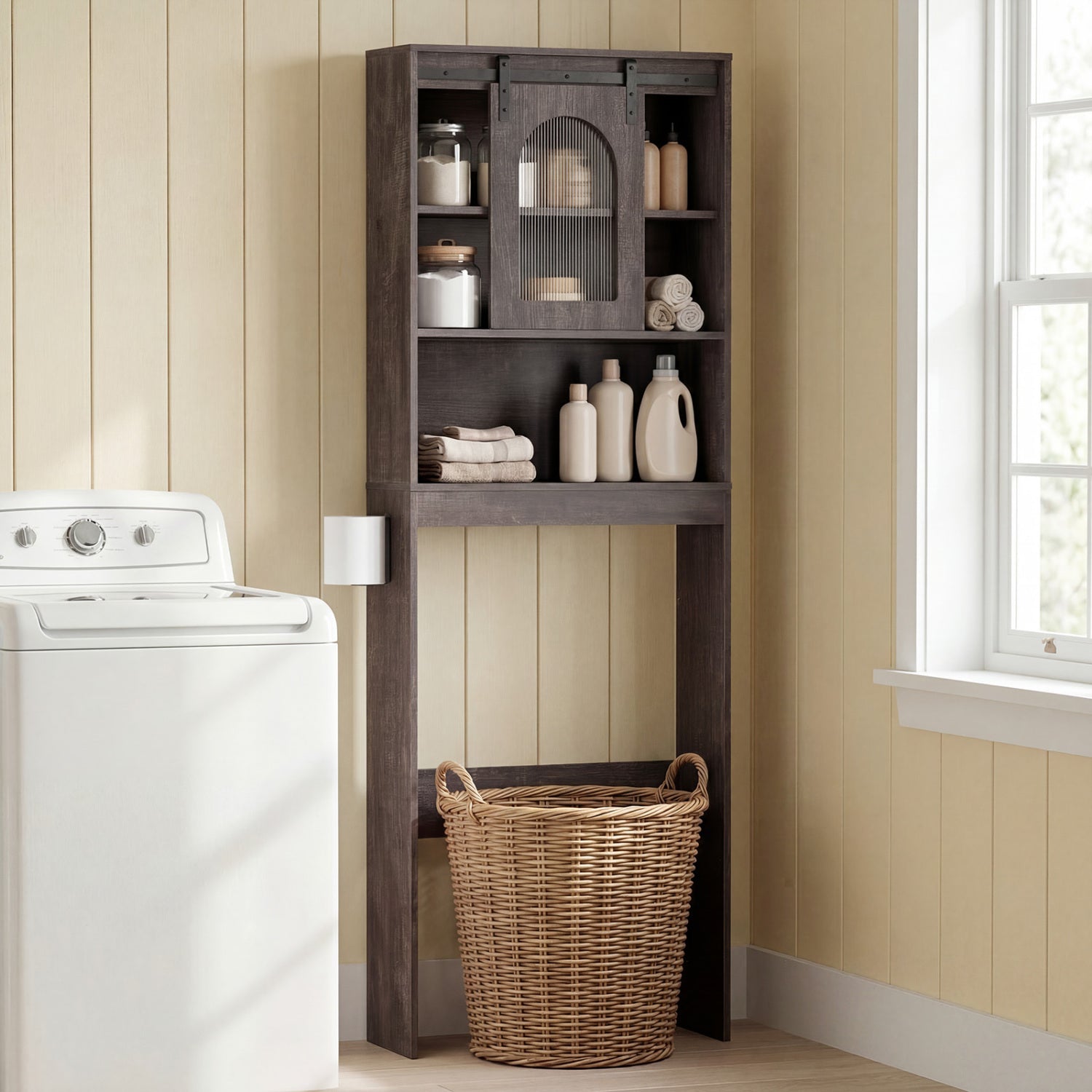 Over Toilet Storage Cabinet With Sliding Barn Door, Open Shelves, Oak Bathroom Etagere at Gallery Canada