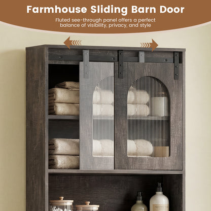 Over Toilet Storage Cabinet With Sliding Barn Door, Open Shelves, Oak Bathroom Etagere at Gallery Canada