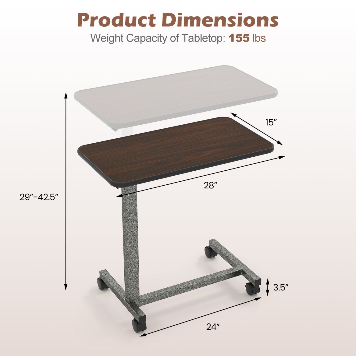 Overbed Table with Locking Wheels, H-Shaped Base, Walnut Laptop Tables & Printer Stands at Gallery Canada