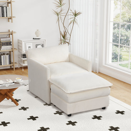 Oversized Accent Chair With Ottoman, Soft Corduroy Cushions, Beige