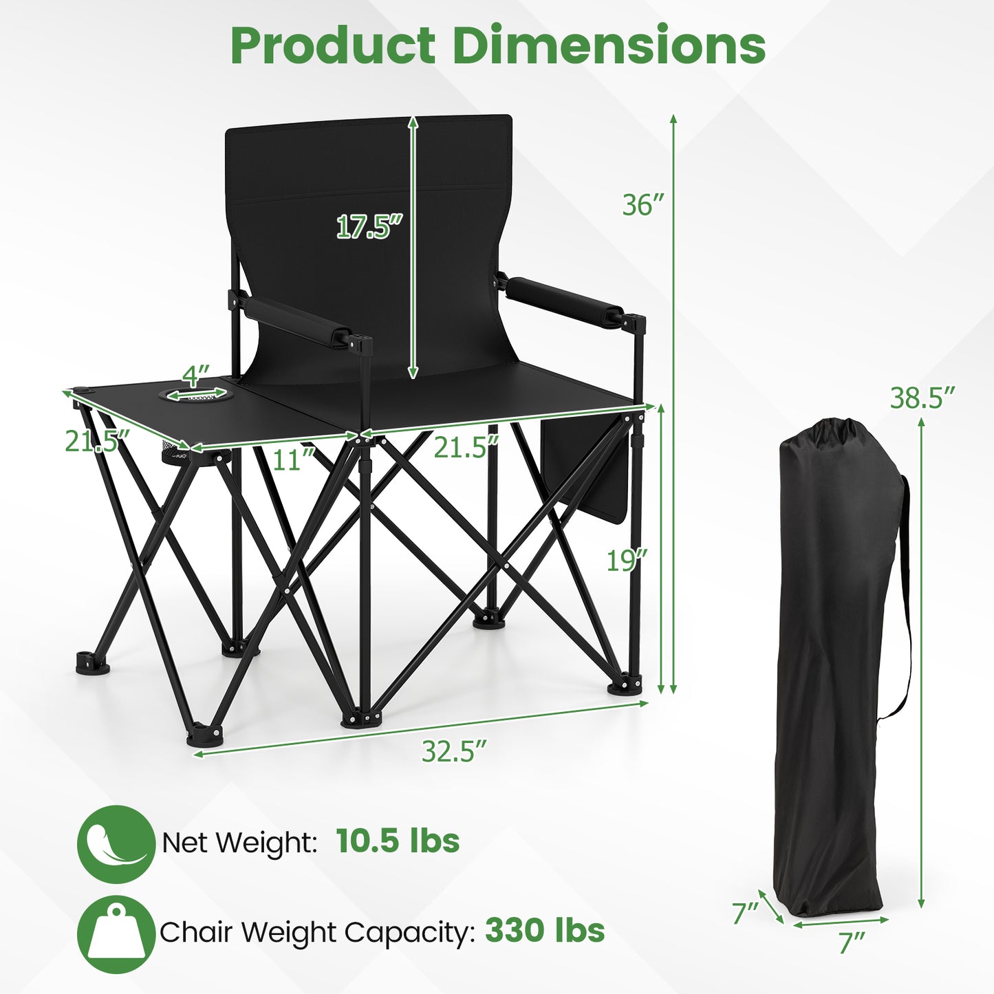 Oversized Camping Chair with Side Table and 2 Storage Pockets, Black Camping Furniture at Gallery Canada