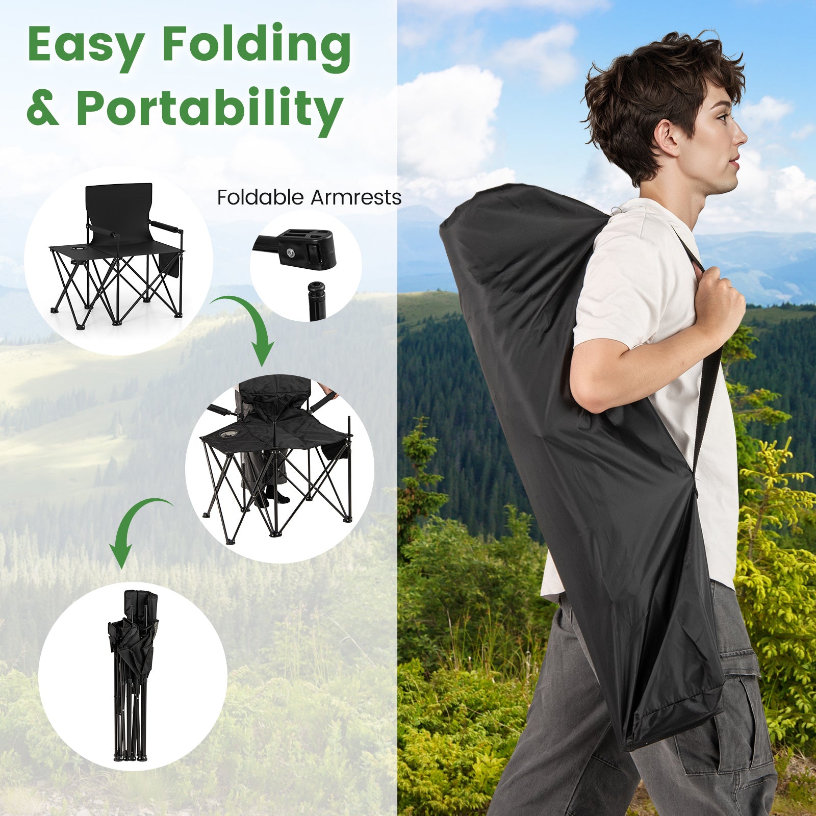 Oversized Camping Chair with Side Table and 2 Storage Pockets, Black Camping Furniture at Gallery Canada