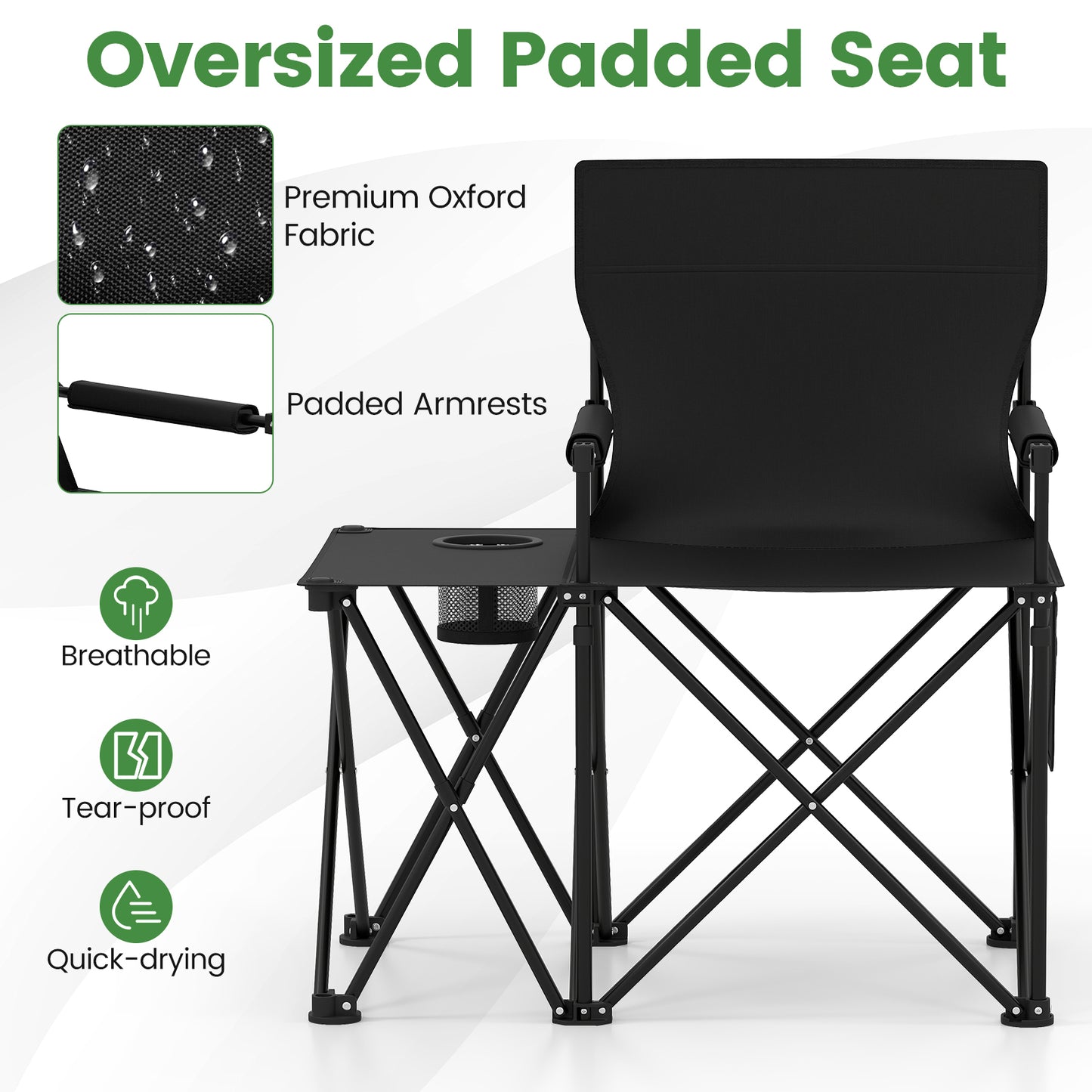 Oversized Camping Chair with Side Table and 2 Storage Pockets, Black Camping Furniture at Gallery Canada
