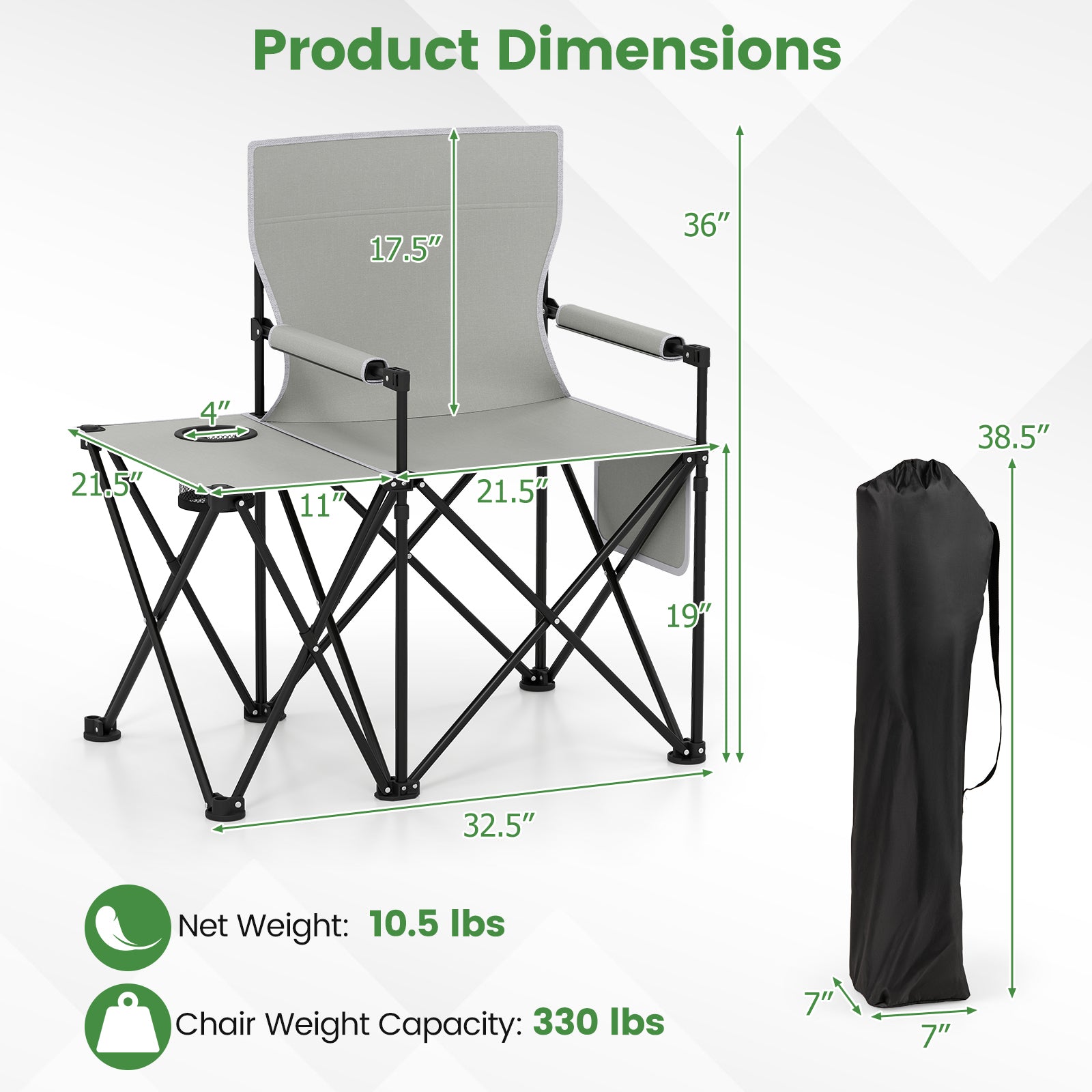Oversized Camping Chair with Side Table and 2 Storage Pockets, Gray Camping Furniture at Gallery Canada
