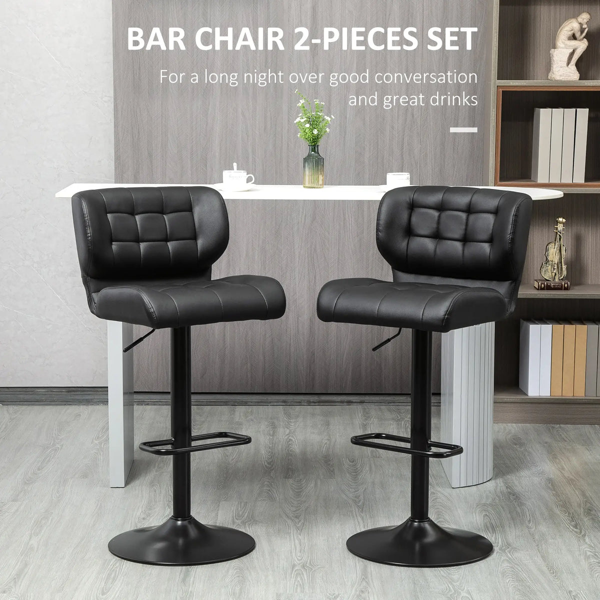 Swivel PU Leather Barstools, Set of 2, Adjustable with Footrest, Black Bar Stools at Gallery Canada