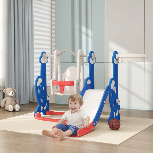 4-in-1 Slide, Swing Set, Basketball Hoop, Climber, Ages 1.5-4, Dark Blue