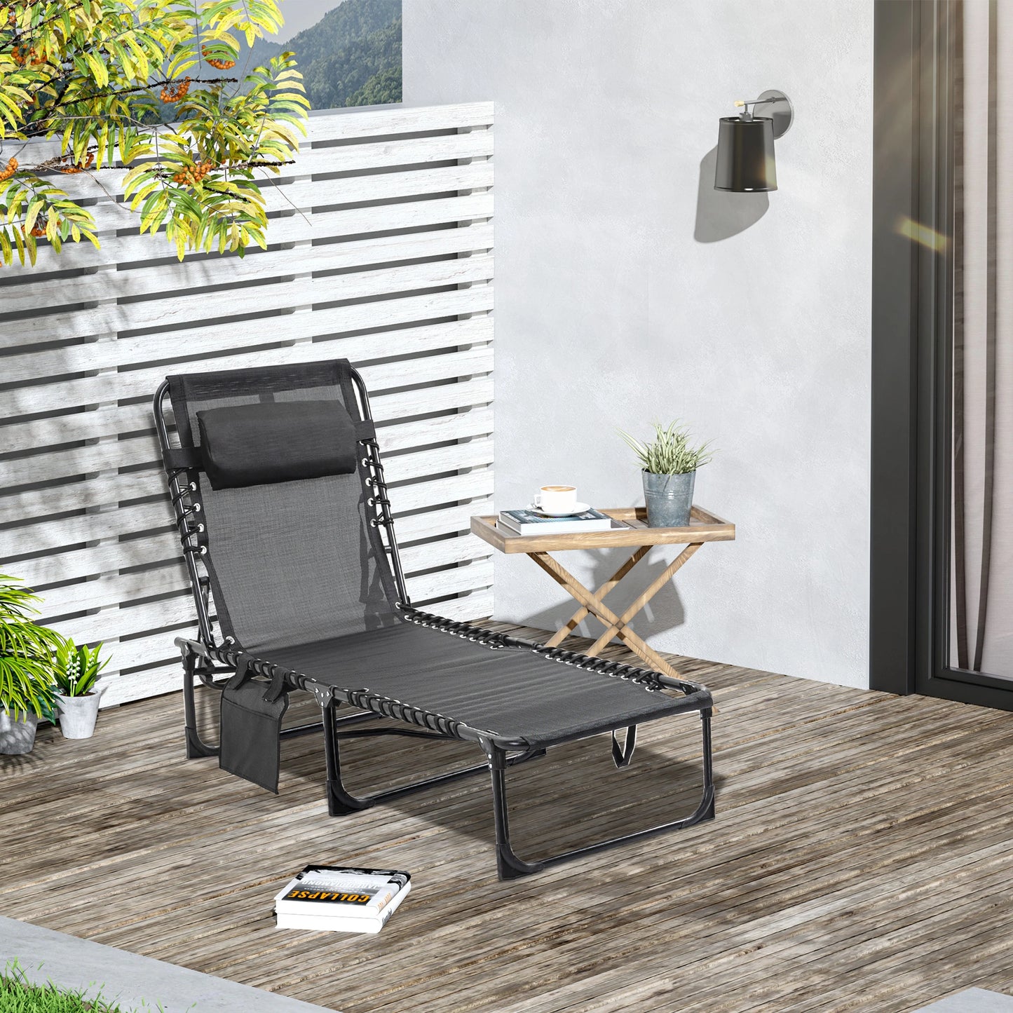 Outdoor Folding Chaise Lounge, Adjustable Backrest, Removable Pillow, Black Lounger Chairs at Gallery Canada