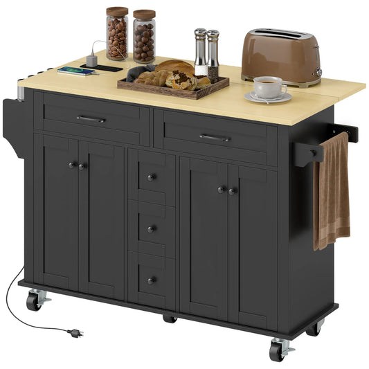 55" Kitchen Island Cart With Power Outlet, Drop Leaf, Storage, Black Kitchen Islands & Kitchen Carts Black, Natural Wood Finish at Gallery Canada
