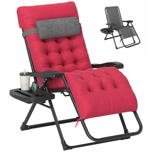 Padded Zero Gravity Chair, Folding Recliner, Patio Lounger with Cup Holder, Red