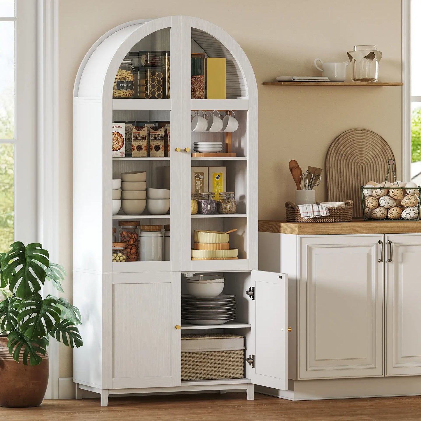 Arched Pantry Cabinet, 71" Tall, Acrylic Glass Doors, White Kitchen Pantry Cabinets at Gallery Canada