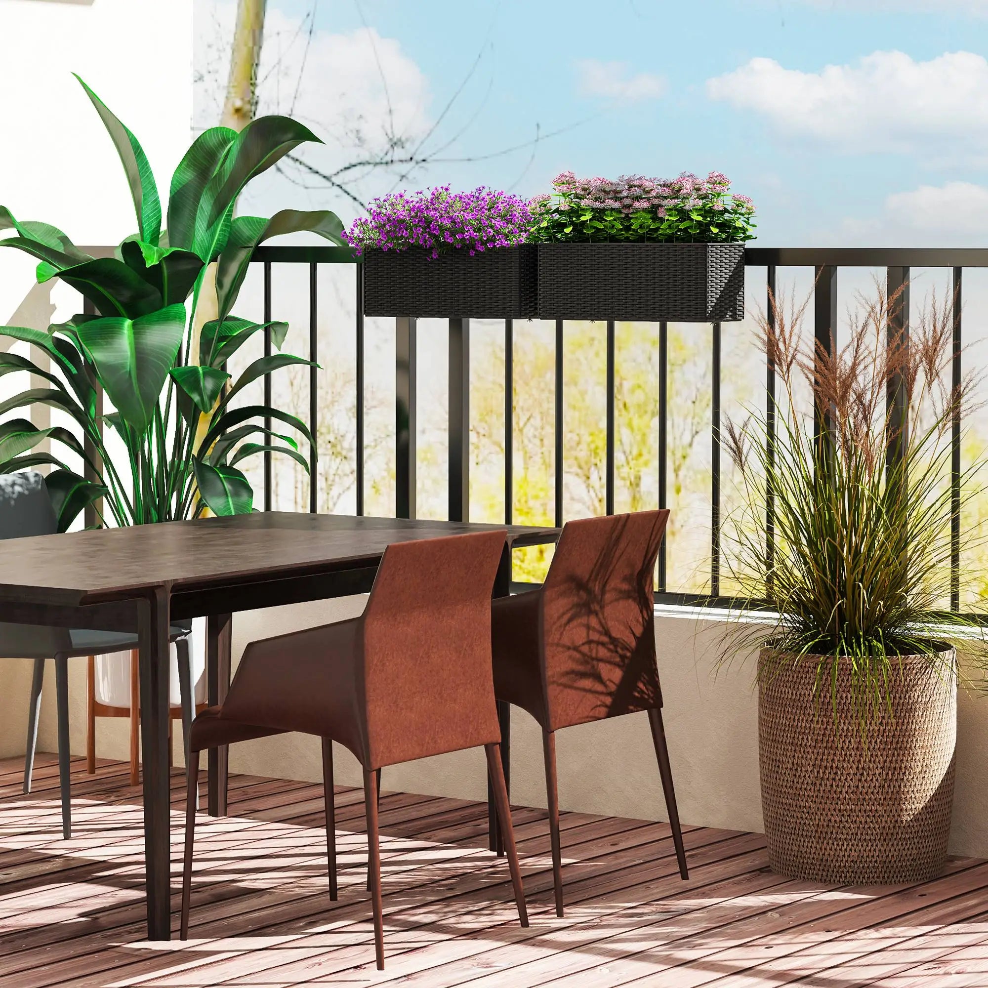2 Pack 20 Inch Self-Watering Hanging Pots, Railing Planter, Rattan Look, Black Garden Accessories at Gallery Canada
