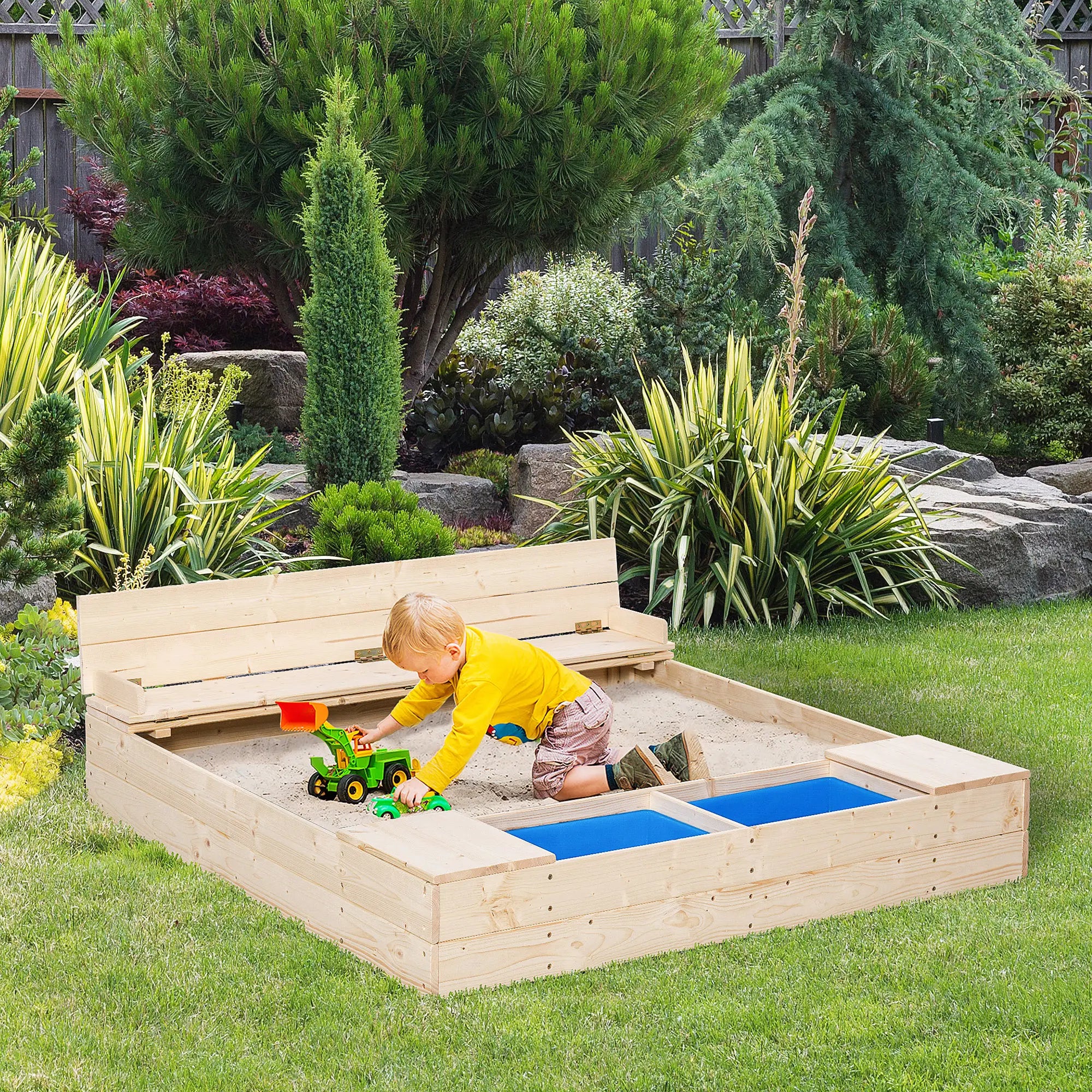 Kids Wooden Sandbox with Foldable Bench, 2 Plastic Boxes, Liner Sandboxes & Accessories at Gallery Canada