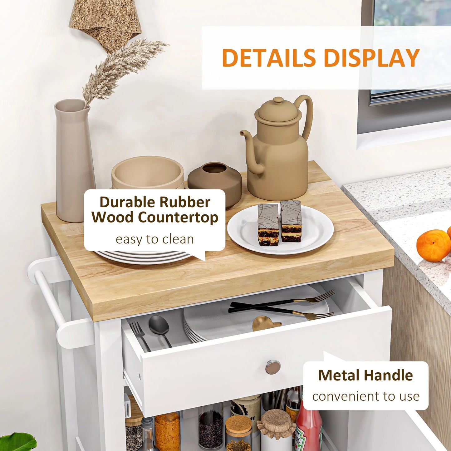Kitchen Cart on Wheels, Wood Top, Towel Rack, Drawer, Shelf, White Kitchen Islands & Kitchen Carts at Gallery Canada