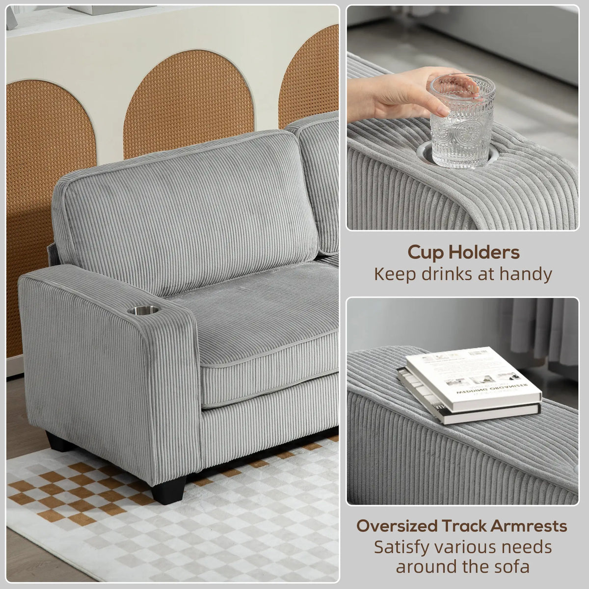 Three Seater Sofa, Fabric Couch with Spring Cushion, Cup Holders, Light Grey 3-Seater Sofas at Gallery Canada