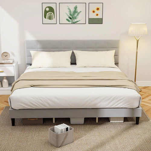 King Size Bed Frame, Upholstered Headboard, Wood Slats, 1100 lbs, Grey