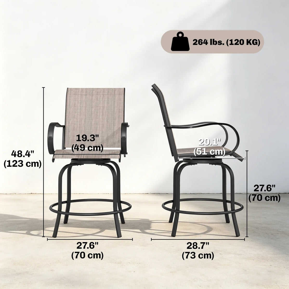Outdoor Bar Stools Set of 2, 360° Swivel Bar Height Chairs, 26.8" x 29.5" x 48.4", Tan Bistro Sets at Gallery Canada