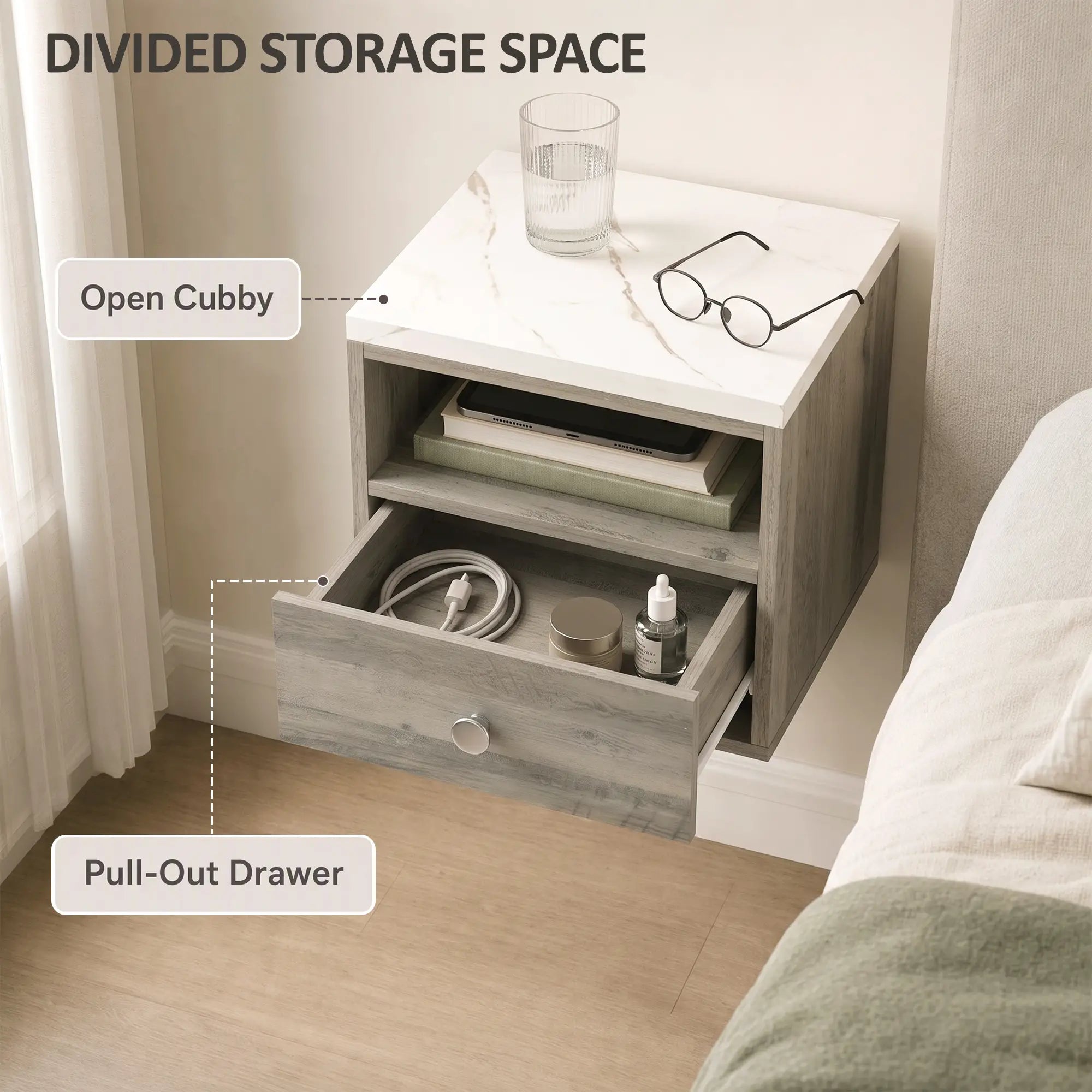 Floating Nightstands Set of 2, Drawer, Marble Top, Natural Bedside Tables at Gallery Canada