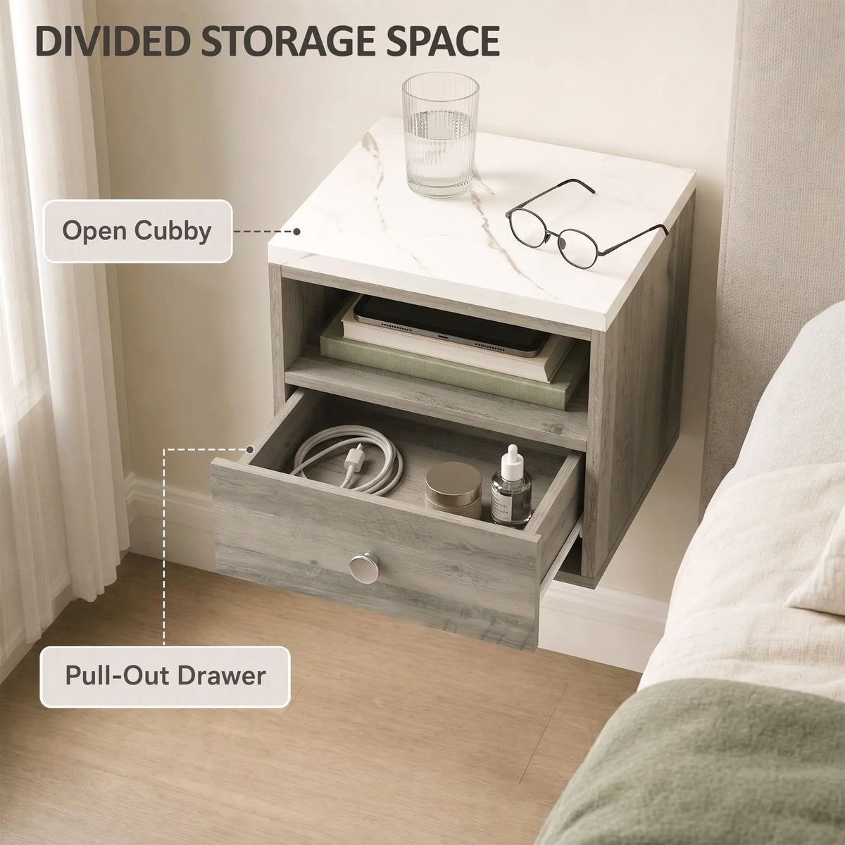 Floating Nightstands Set of 2, Drawer, Marble Top, Natural Bedside Tables at Gallery Canada