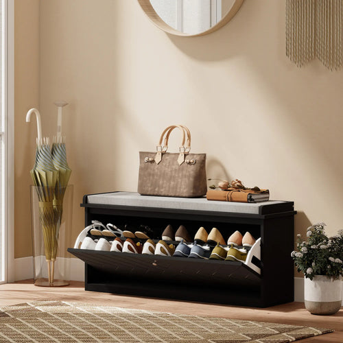 Upholstered Shoe Storage Bench with Flip Drawer, Adjustable Shelf, Fits 10 Pairs