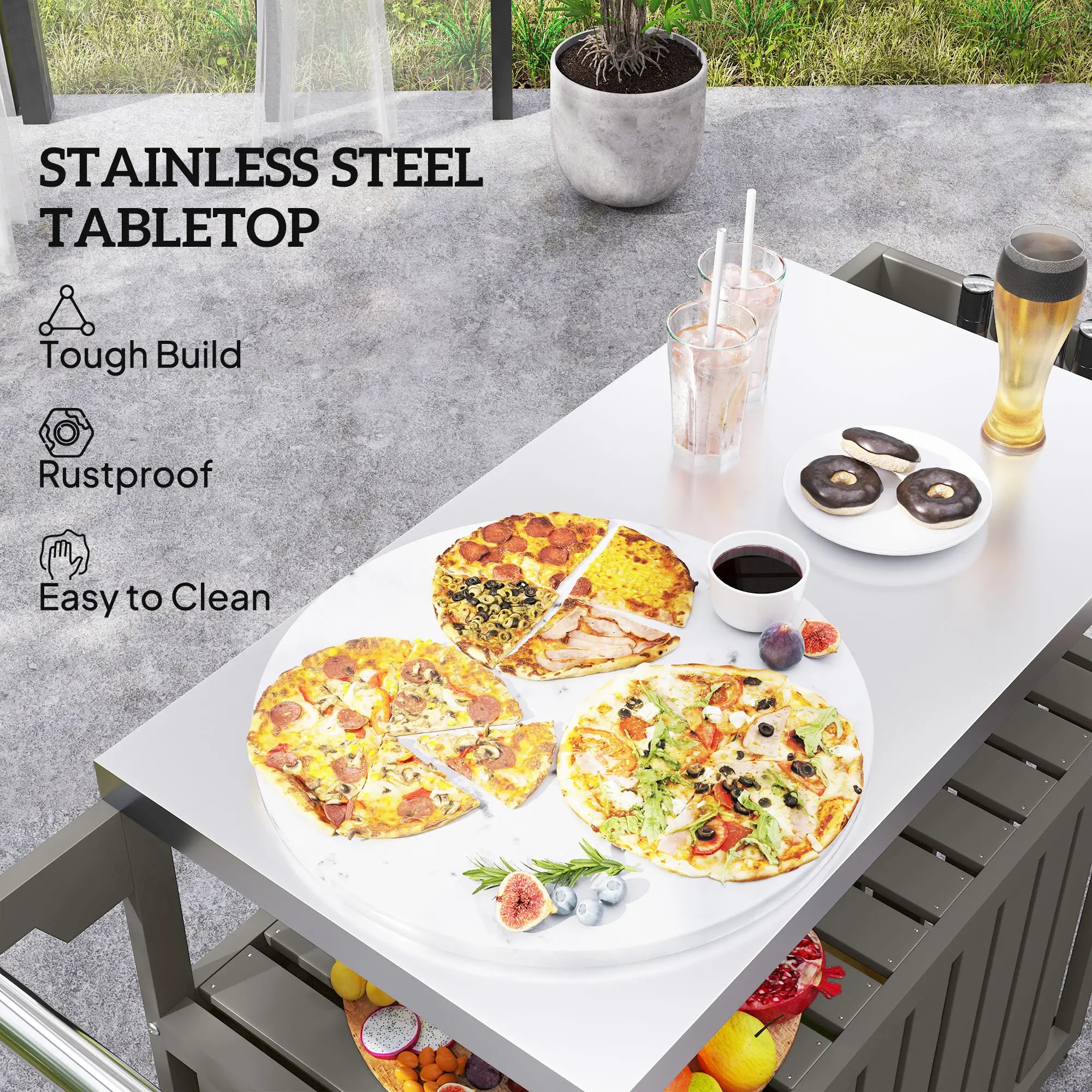 Outdoor Bar Cart With Storage Cabinet, Stainless Steel Table Top, Wheeled HDPE Kitchen Island Outdoor Grill Carts at Gallery Canada