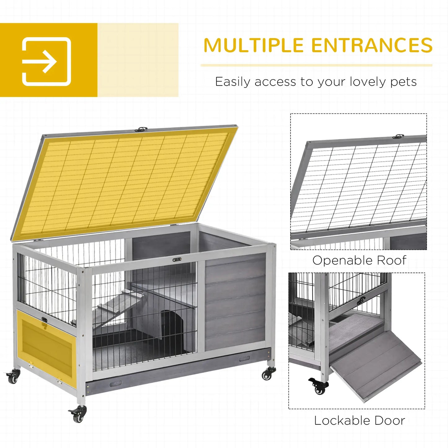 Wooden Indoor Rabbit Hutch, Elevated Bunny Cage with Wheels, Grey Rabbit Hutch at Gallery Canada