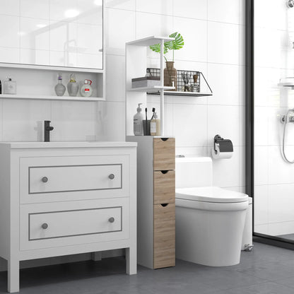 Tall Bathroom Storage Cabinet, Narrow Bathroom Cabinet with Drawers and Open Shelves for Small Spaces, Natural Wood Freestanding Bathroom Cabinets at Gallery Canada