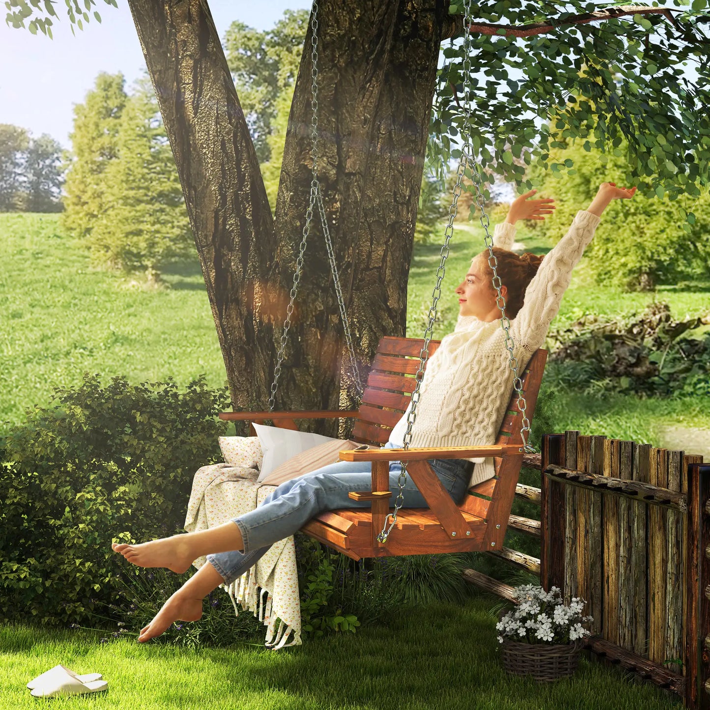 Carbonized Wooden 3-Seater Swing Bench with Cupholders Hanging Porch Swings at Gallery Canada