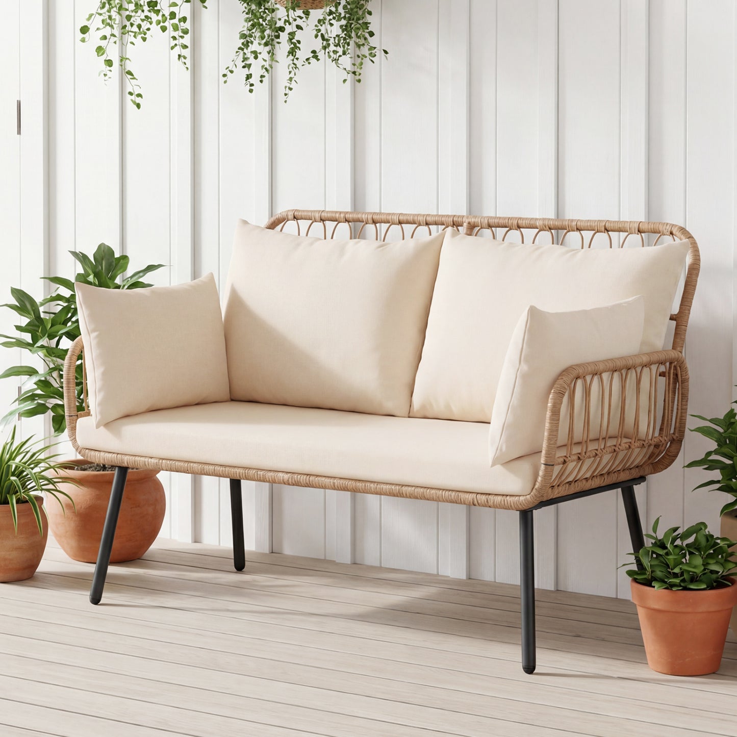 PE Rattan Patio Loveseat 2-Seater Sofa With Pillows, Beige Outdoor Chaise Lounges at Gallery Canada