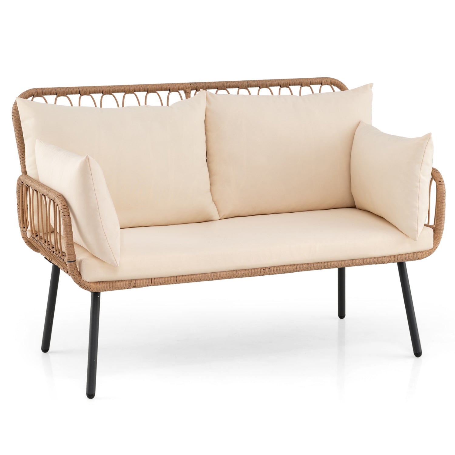 PE Rattan Patio Loveseat 2-Seater Sofa With Pillows, Beige Outdoor Chaise Lounges Beige at Gallery Canada