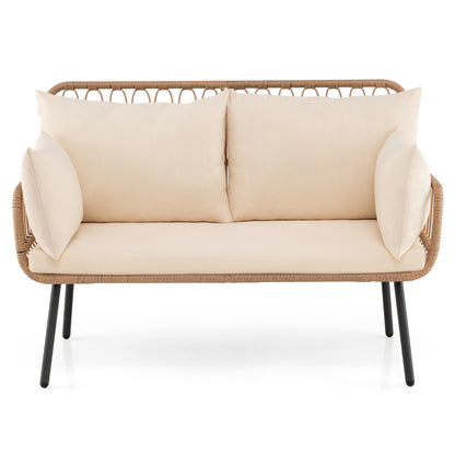 PE Rattan Patio Loveseat 2-Seater Sofa With Pillows, Beige Outdoor Chaise Lounges at Gallery Canada