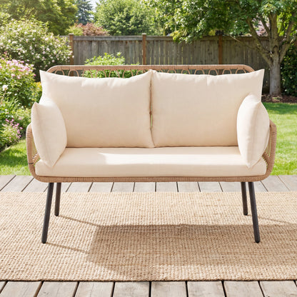 PE Rattan Patio Loveseat 2-Seater Sofa With Pillows, Beige Outdoor Chaise Lounges at Gallery Canada