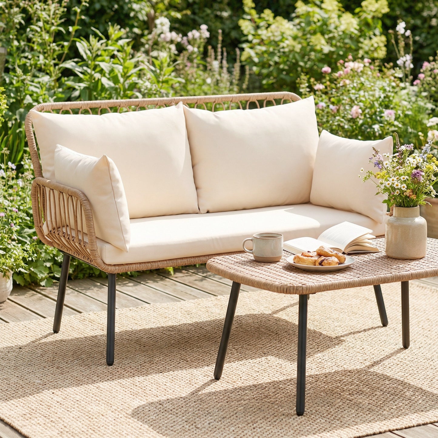 PE Rattan Patio Loveseat 2-Seater Sofa With Pillows, Beige Outdoor Chaise Lounges at Gallery Canada