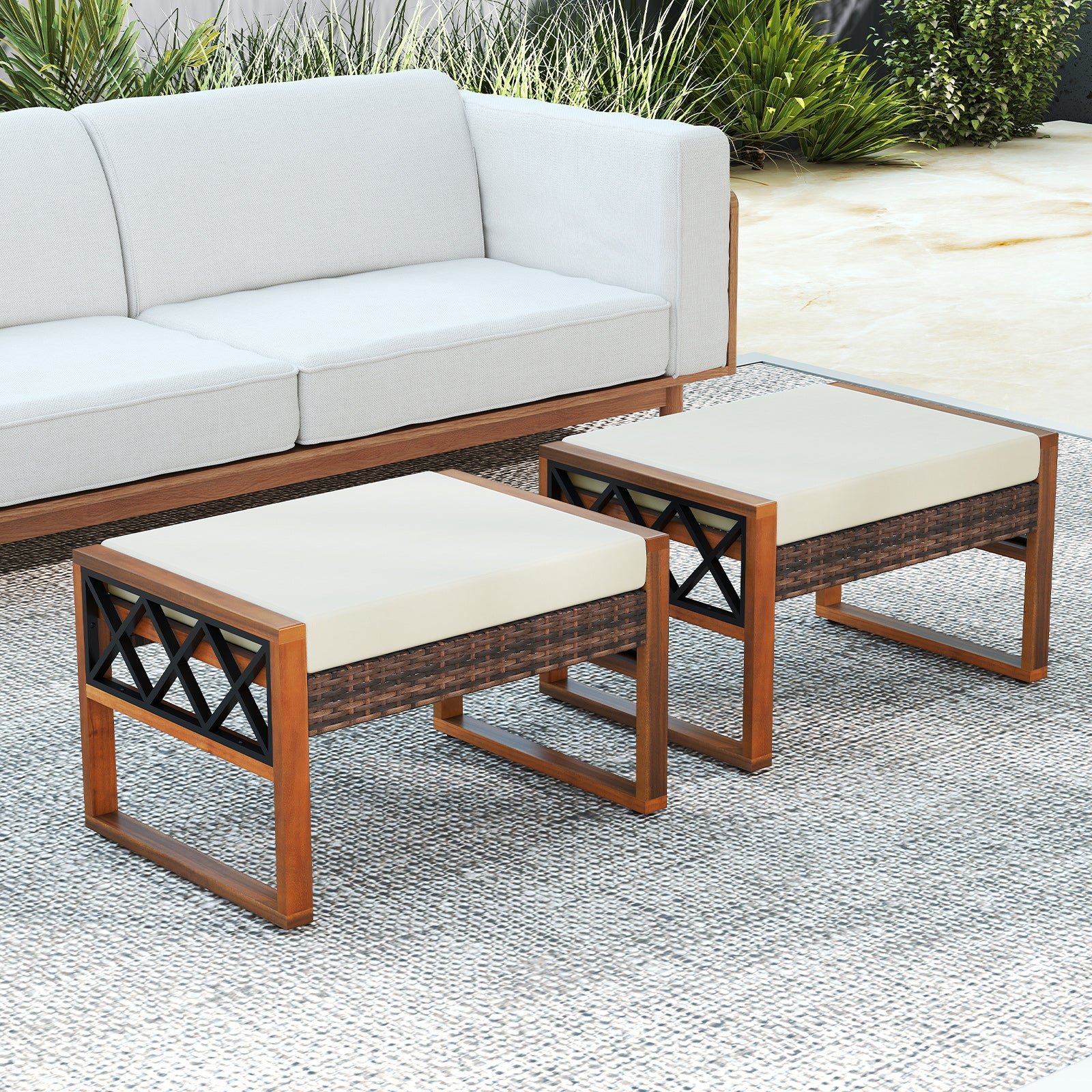 PE Rattan Wicker Ottomans, Set of 2, Removable Cushions, Beige Outdoor Seating & Patio Chairs at Gallery Canada