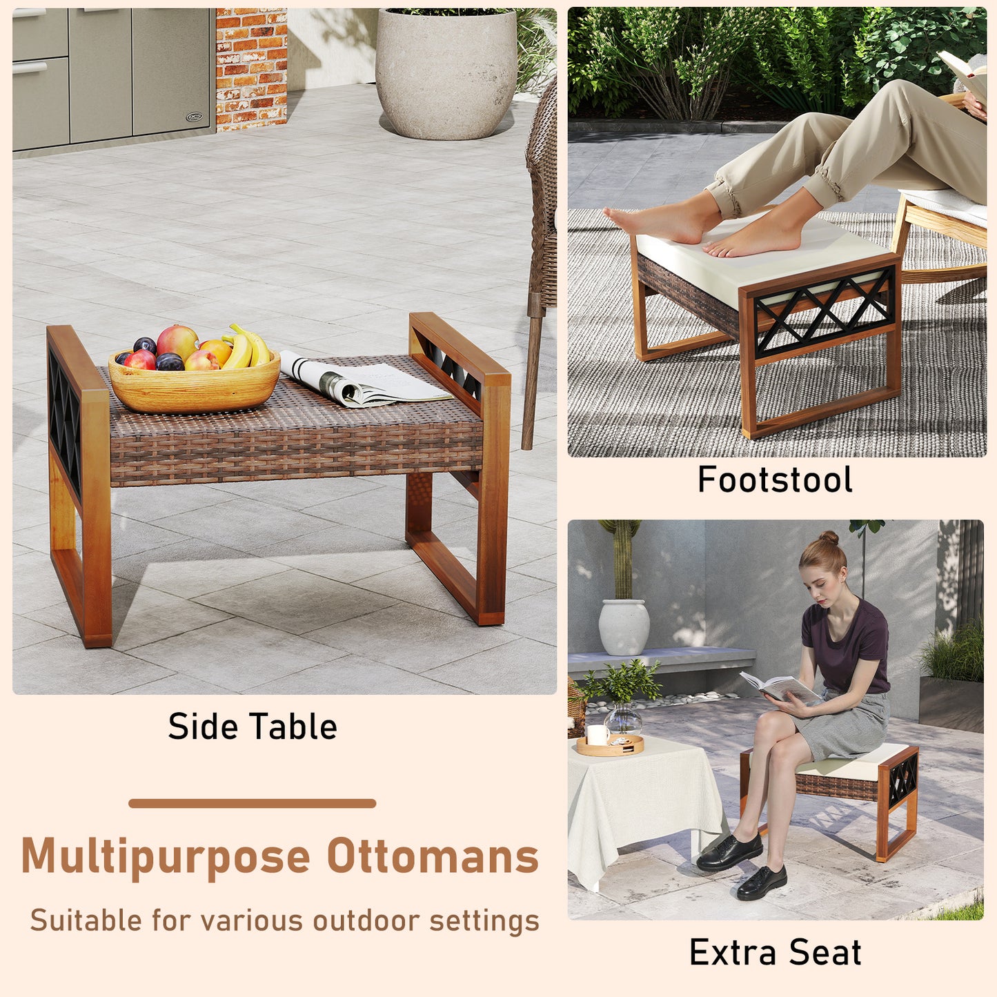 PE Rattan Wicker Ottomans, Set of 2, Removable Cushions, Beige Outdoor Seating & Patio Chairs at Gallery Canada