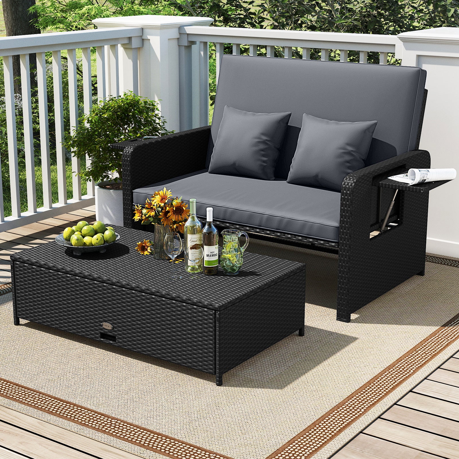 PE Wicker Outdoor Daybed with 4-Level Adjustable Backrest and Storage Ottoman, Gray Outdoor Sectionals at Gallery Canada