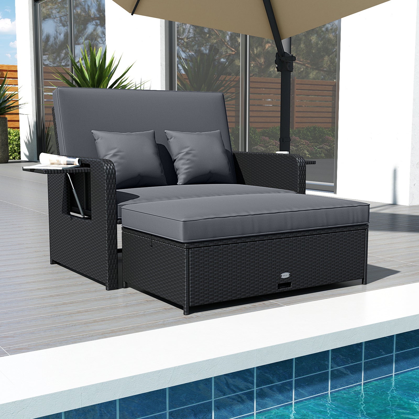 PE Wicker Outdoor Daybed with 4-Level Adjustable Backrest and Storage Ottoman, Gray Outdoor Sectionals at Gallery Canada