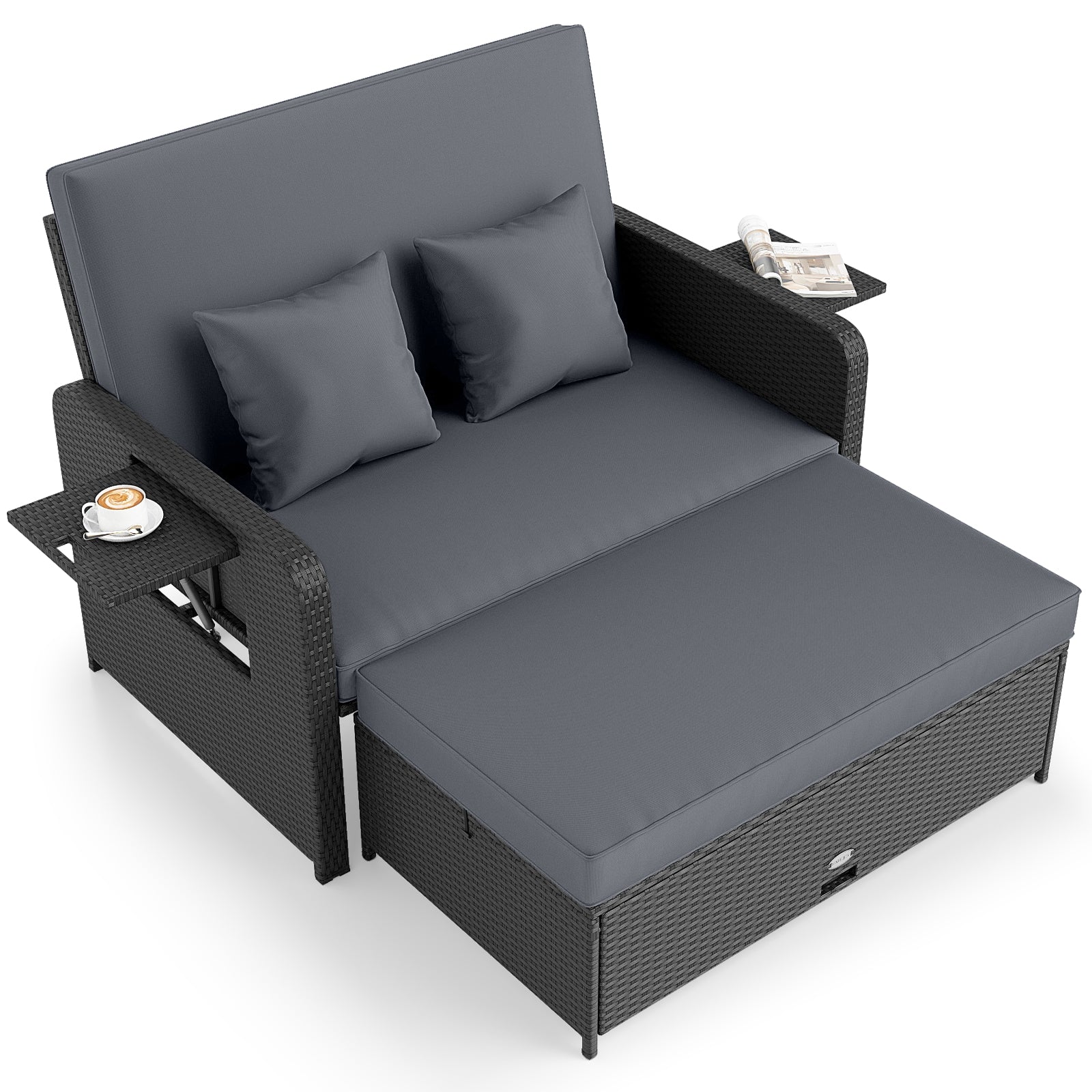 PE Wicker Outdoor Daybed with 4-Level Adjustable Backrest and Storage Ottoman, Gray Outdoor Sectionals Gray at Gallery Canada