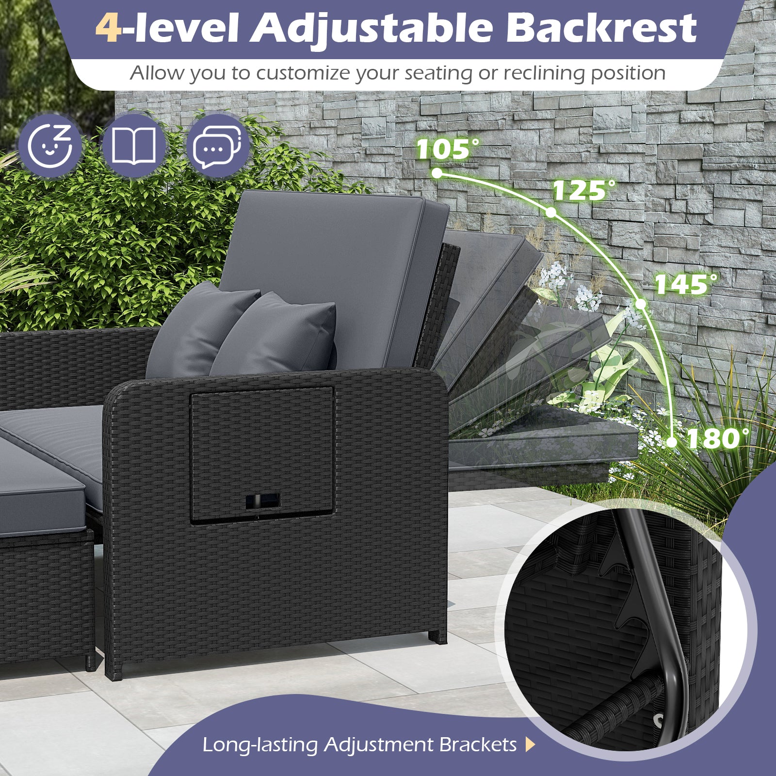 PE Wicker Outdoor Daybed with 4-Level Adjustable Backrest and Storage Ottoman, Gray Outdoor Sectionals at Gallery Canada