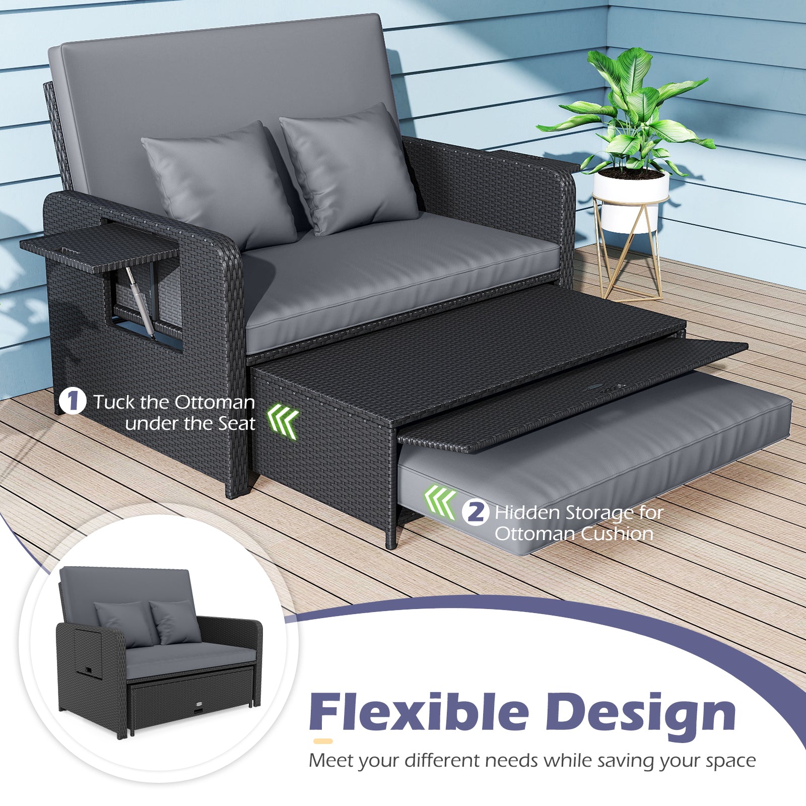 PE Wicker Outdoor Daybed with 4-Level Adjustable Backrest and Storage Ottoman, Gray Outdoor Sectionals at Gallery Canada