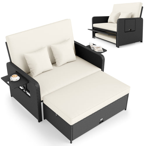 PE Wicker Outdoor Daybed with 4-Level Adjustable Backrest and Storage Ottoman, White