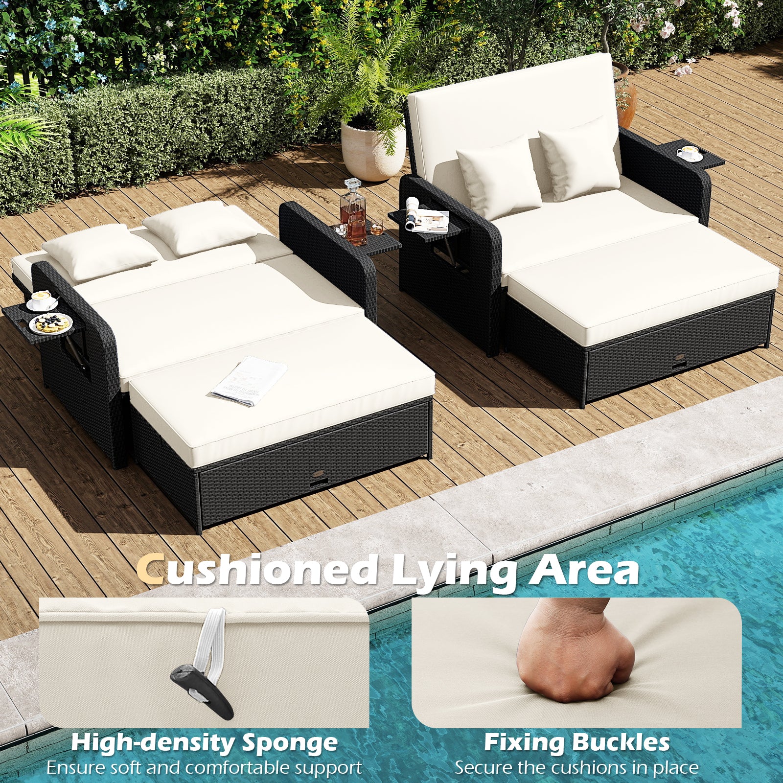 PE Wicker Outdoor Daybed with 4-Level Adjustable Backrest and Storage Ottoman, White Outdoor Sectionals at Gallery Canada